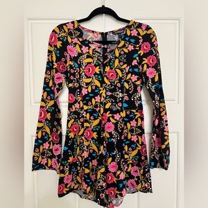 EXPRESS Floral Romper with Bell Sleeves and Crisscross Neckline